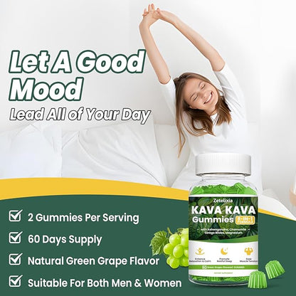 2 Pack Kava Kava Gummies, Kava Kava Root Extract Supplement with Kavalactones, Calm Gummies for Stress Relief & Better Sleep, Kava Supplement for Women & Men, Sugar Free, Vegan, Non-GMO, 120 count