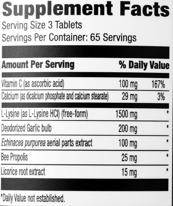 Amazon Elements Lysine Complex with Vitamin C for Immune Health Support, Vegetarian, 65 Servings, 195 Count (Packaging may vary)
