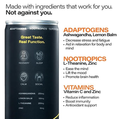 Peak Cocktails Non-Alcoholic Cocktail | Adaptogens, Nootropics, Superfoods for Recovery, Calm, Sleep | Ashwagandha, Tart Cherry, L-Theanine | Mixologist-crafted | Lemon Juniper Fizz | 8.4 oz, 24-Pack