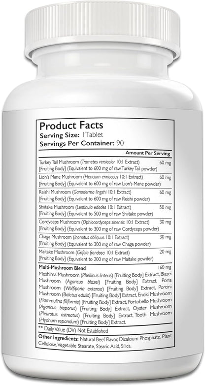 15-in-1 Mushrooms for Dogs Turkey Tail 600mg Lion's Mane 600mg Reishi 600mg Shiitake 500mg Cordyceps 300mg Chaga 300mg Maitake 200mg Meshima Blazei Poria Enoki Portobello 90 Tablets