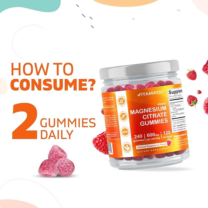 Vitamatic Magnesium Citrate Gummies 600mg per Serving - 240 Vegan Gummies - Natural Raspberry Flavor - High Absorption Magnesium Supplement - Supports Nerve, Bone and Muscle Health