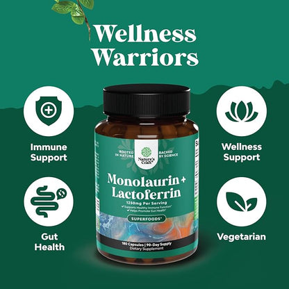 Natures Craft High Strength Lactoferrin & Monolaurin Supplement - Microbiome Digestive Health Immune Support Supplement - 250mg Lactoferrin and Monolaurin 1000mg Capsules - Vegetarian (90 Servings)