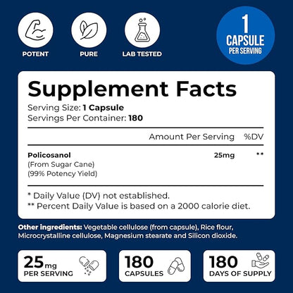 We Like Vitamins Policosanol 25mg - 180 Capsules - Policosanol Supplement Made from Natural Sugar Cane - Non-GMO and Gluten-Free