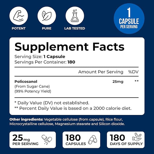 We Like Vitamins Policosanol 25mg - 180 Capsules - Policosanol Supplement Made from Natural Sugar Cane - Non-GMO and Gluten-Free