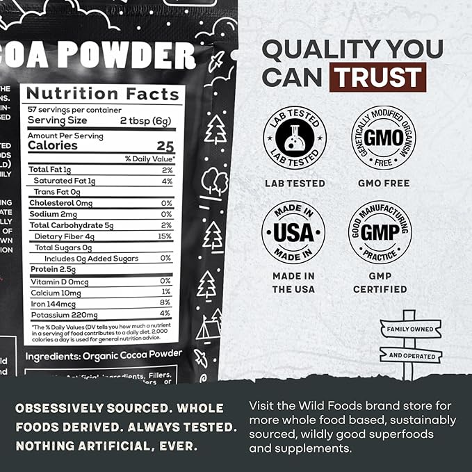 Wild Foods Organic Cocoa Powder | Single Origin Unsweetened Keto Chocolate Powder for Cooking & Baking | 100% Natural Cacao Beans | Sugar Free Non Dutch Raw Superfood | 12 oz