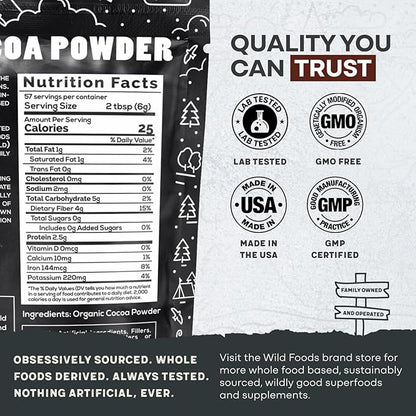 Wild Foods Organic Cocoa Powder | Single Origin Unsweetened Keto Chocolate Powder for Cooking & Baking | 100% Natural Cacao Beans | Sugar Free Non Dutch Raw Superfood | 12 oz