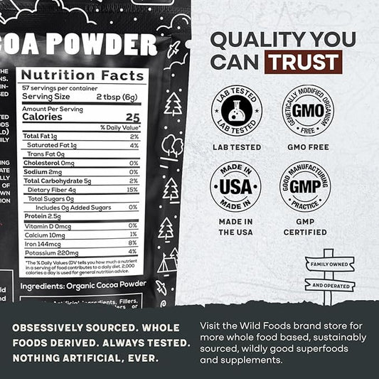 Wild Foods Organic Cocoa Powder | Single Origin Unsweetened Keto Chocolate Powder for Cooking & Baking | 100% Natural Cacao Beans | Sugar Free Non Dutch Raw Superfood | 12 oz