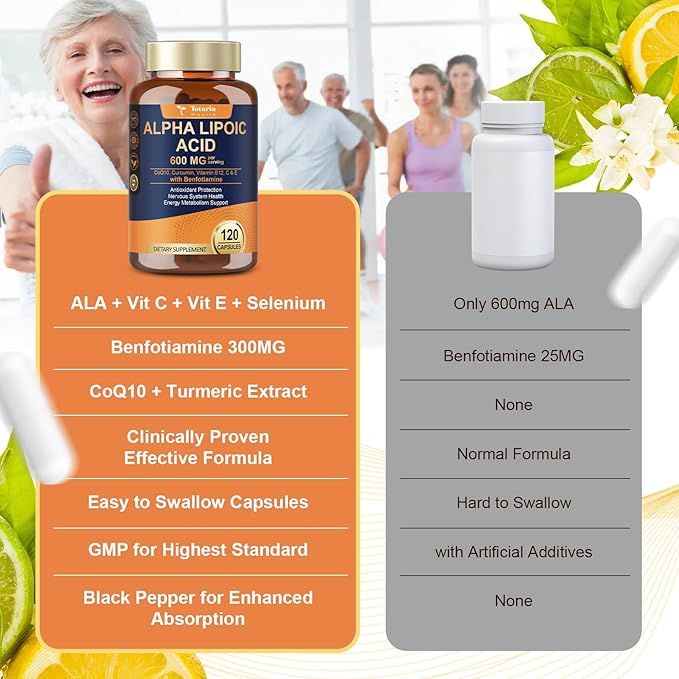 Alpha Lipoic Acid 600mg with Benfotiamine 300mg - ALA Supplement for Neuropathy Support Nerve Health & Antioxidant, Cell Energy, Metabolism and Anti-Aging, Non-GMO, Gluten Free, Vegan 120 Counts