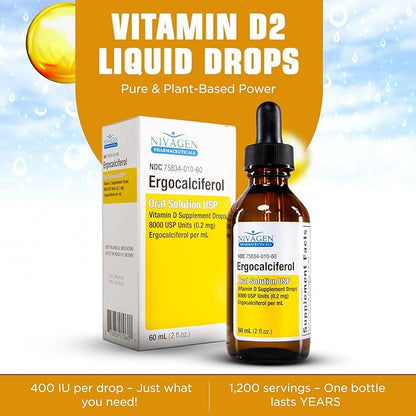Vitamin D2 Liquid Drops 8,000 USP (Ergocalciferol) | 400 IU per Serving | 2 Drops Once Daily | 1,200 Servings, 60ml (2 fl. oz) | Faster Absorption | Bone, Muscle & Immune Support | Made in USA