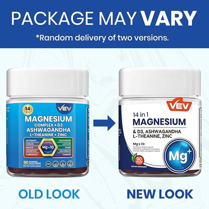 VEV Magnesium Complex DeepCalm 14-in-1 Gummies – with Ashwagandha, L-Theanine, D3 & Zinc – Cortisol Supplements for Women – 90 Sugar-Free Vegan Magnesium Glycinate Complex Gummies
