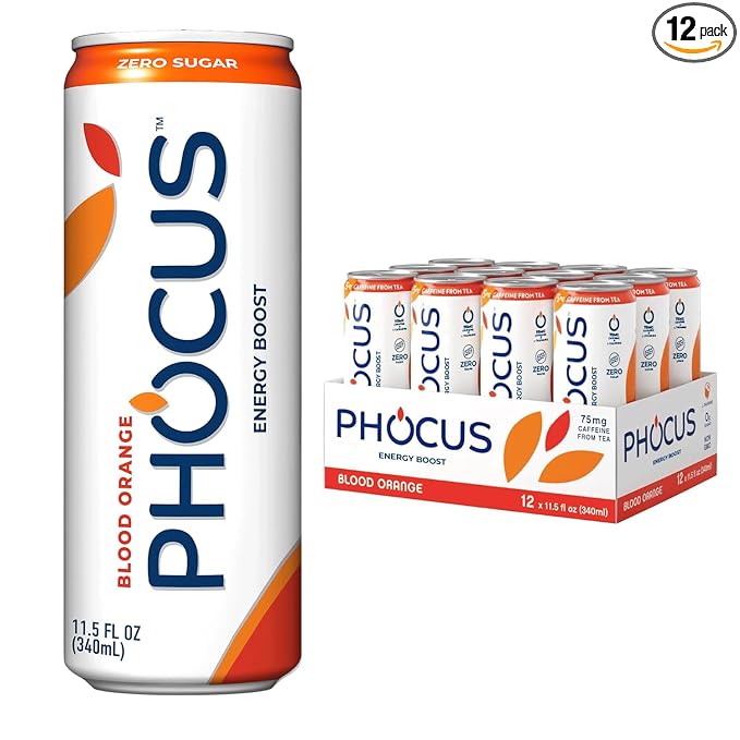 PHOCUS Caffeinated Sparkling Water, Blood Orange, 75mg Natural Caffeine Plus L-Theanine, Zero Sugar, Zero Calories, No Artificial Sweeteners, 11.5 fl oz Cans (Pack of 12)