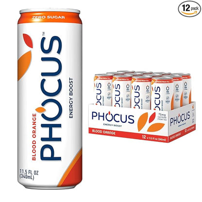 PHOCUS Caffeinated Sparkling Water, Blood Orange, 75mg Natural Caffeine Plus L-Theanine, Zero Sugar, Zero Calories, No Artificial Sweeteners, 11.5 fl oz Cans (Pack of 12)