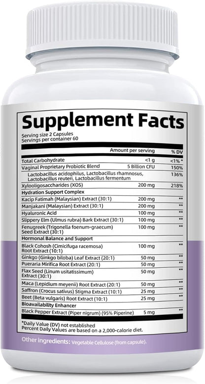 Vaginal Probiotics for Women – Vaginal Moisture Capsules-Plant-Based Capsules with Slippery Elm, Fenugreek & Kacip Fatimah – Support Vaginal Moisture & Internal Comfort – 120 Count