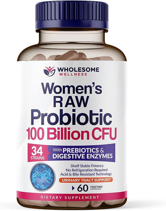 Wholesome Wellness Dr. Formulated Raw Probiotics for Women 100 Billion CFUs Capsules with Prebiotics, Digestive Enzymes, Approved for Adults, Shelf Stable Supplement