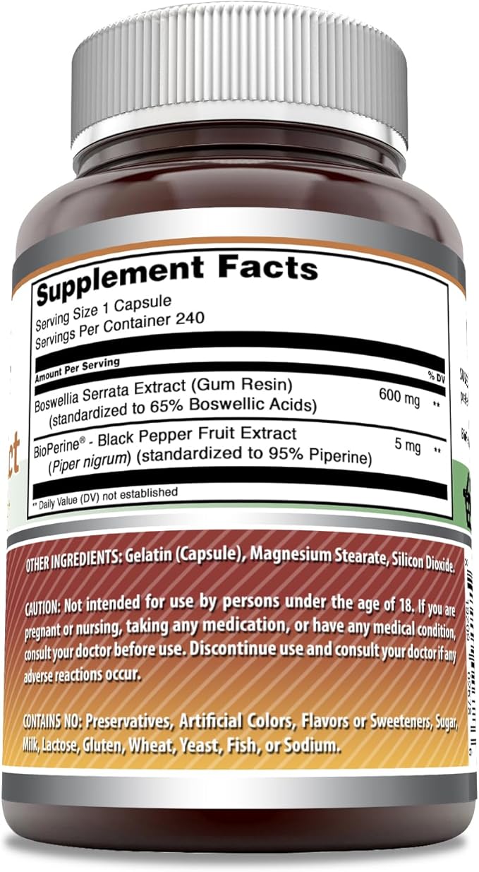 Amazing Formulas Boswellia Extract with Bioperine Supplement | 600 Mg per Serving | Capsules | Non-GMO | Gluten-Free | Made in USA (1 Pack, 240 Count)