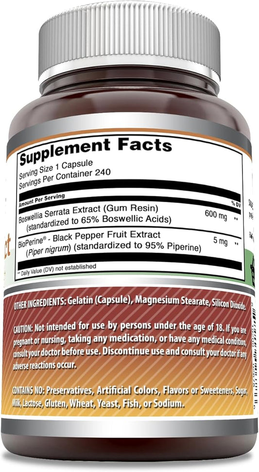 Amazing Formulas Boswellia Extract with Bioperine Supplement | 600 Mg per Serving | Capsules | Non-GMO | Gluten-Free | Made in USA (1 Pack, 240 Count)