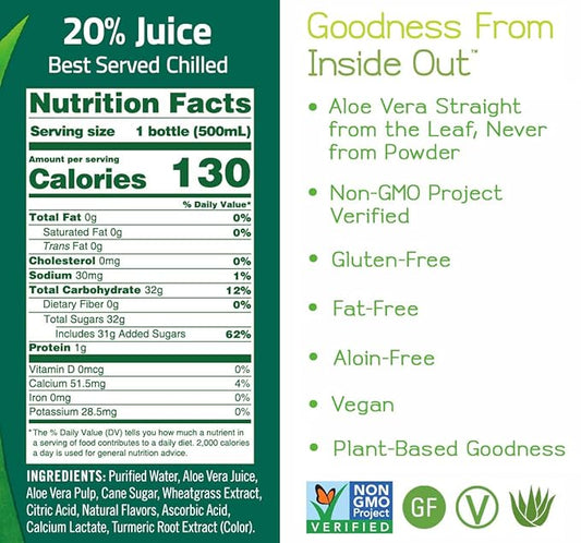 ALO Aloe Vera Juice Drink | AWAKEN - Aloe Vera + Wheatgrass | 16.9 fl oz, Pack of 12 | Plant Based Drink with Real Aloe Vera Pulp
