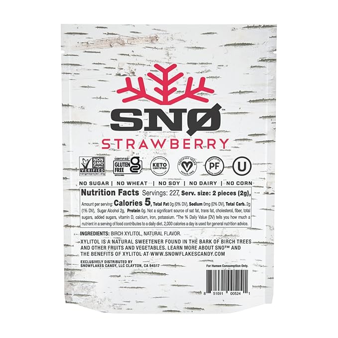 Strawberry KETO Xylitol Candy Chips - SNØ 1LB Bag - Sugar-Free Candy With Only 2 Ingredients | Low Carbs, Diabetic-Friendly, Non-GMO, Vegan, GF & Kosher | Purest candy in the world
