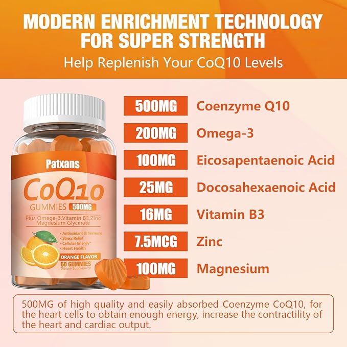 1 Pack 500MG CoQ10 Supplement Gummies, Omega-3, Magnesium, Vitamin B3, Zinc, Ultra High Absorption Provides Healthy Support for Heart, Cell Energy＆ Antioxidants, 60Cts.