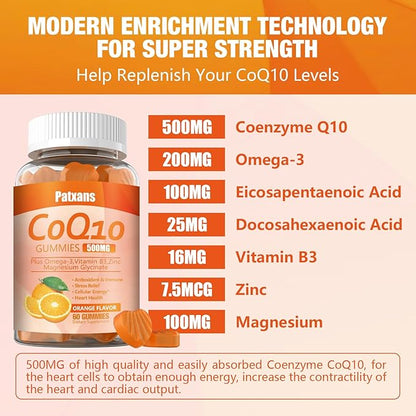 1 Pack 500MG CoQ10 Supplement Gummies, Omega-3, Magnesium, Vitamin B3, Zinc, Ultra High Absorption Provides Healthy Support for Heart, Cell Energy＆ Antioxidants, 60Cts.