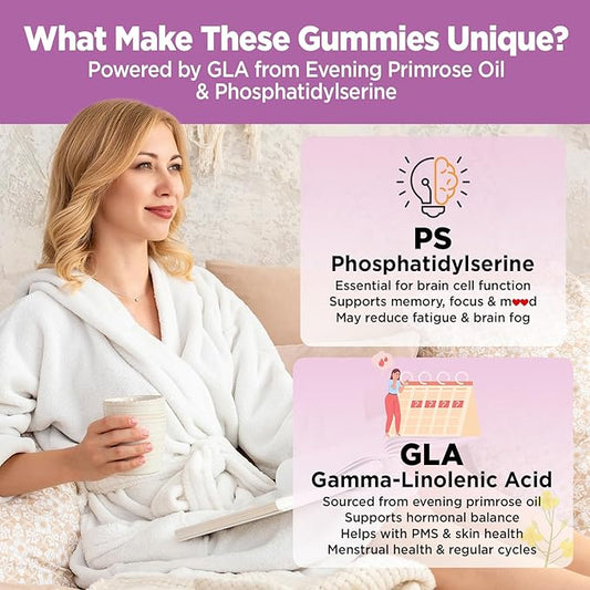 Vegan Omega 3 Gummies for Women, Algae Omega 3 1000mg Supplement with DHA, EPA, GLA, Vitamin A, E, B12, Folate, Skin & Brain Health, Sugar Free, 60 Count
