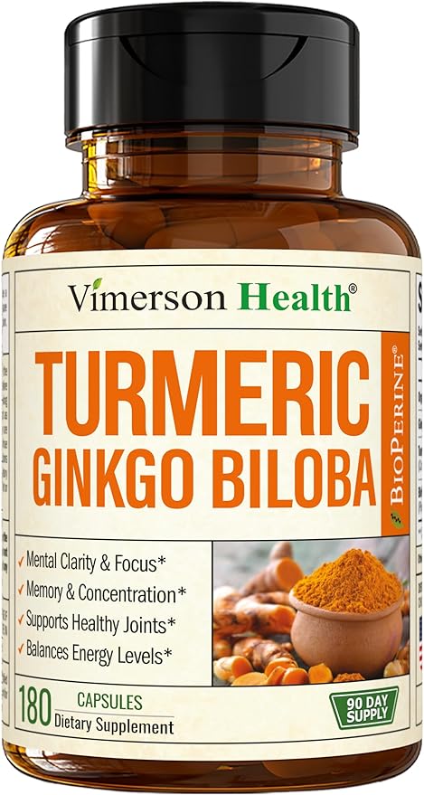 Turmeric Curcumin Supplement with Ginkgo Biloba & Black Pepper – Natural Turmeric Supplement with Organic Tumeric for Joint Support, Brain Clarity, Focus & Memory – Vegan, 180 Ginko Biloba Capsules