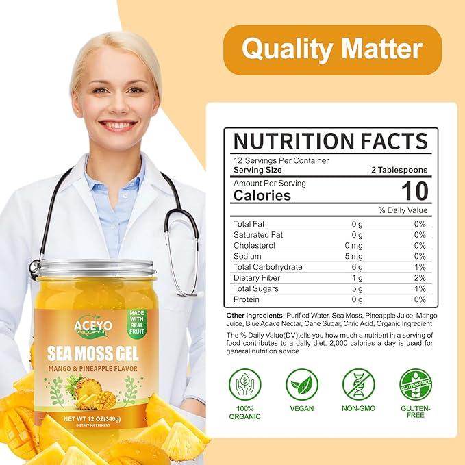 ACEYO (12 OZ) Irish Sea Moss Gel Raw Vegan Mango Pineapple Flavor 102 Vitamins and Minerals Wild Harvested Non-GMO Immune Defense Booster Thyroid Digestive Support