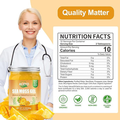ACEYO (12 OZ) Irish Sea Moss Gel Raw Vegan Mango Pineapple Flavor 102 Vitamins and Minerals Wild Harvested Non-GMO Immune Defense Booster Thyroid Digestive Support
