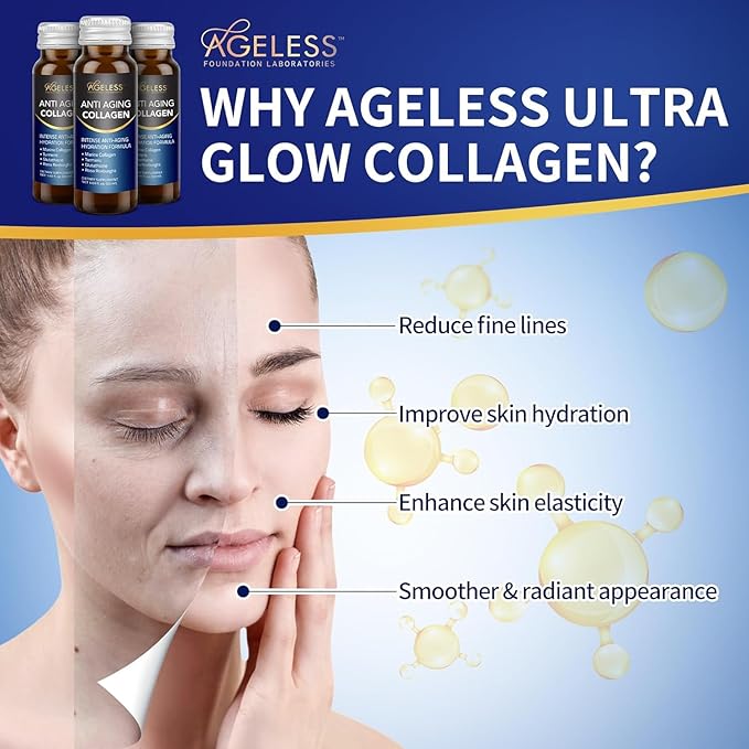Ageless Ultra Anti Aging Liquid Collagen for Men & Women, Marine Collagen, Turmeric, Glutathione, and Rosa Roxburghii, Multi Vitamins, Skincare, Hydrating & Revitalizing Formula - 50 ml (30 Count)