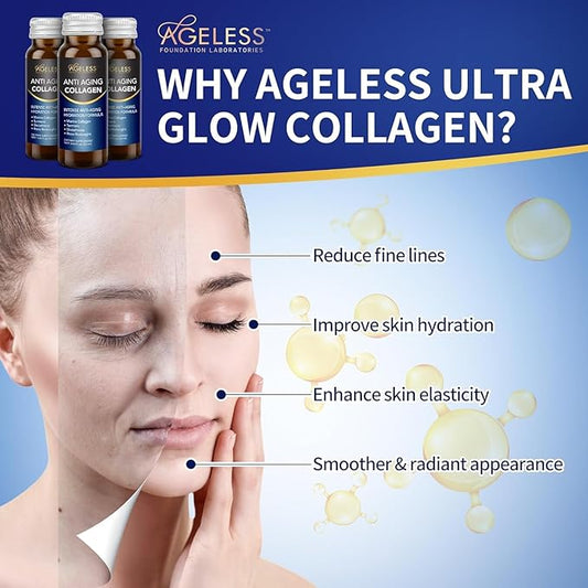 Ageless Ultra Anti Aging Liquid Collagen for Men & Women, Marine Collagen, Turmeric, Glutathione, and Rosa Roxburghii, Multi Vitamins, Skincare, Hydrating & Revitalizing Formula - 50 ml (30 Count)