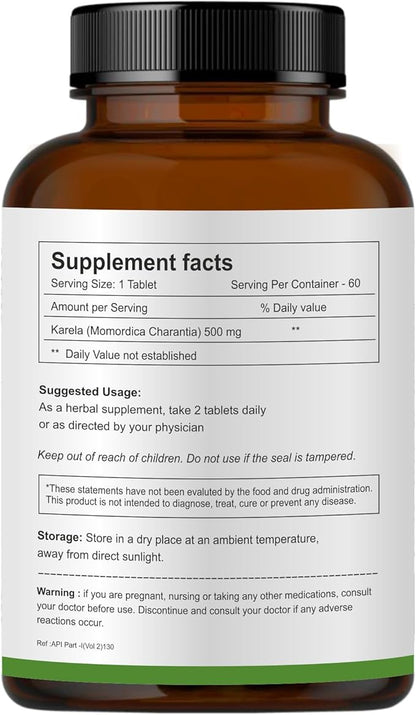 100% Natural Karela (Bitter Melon) Tablets 500mg- 60 Count, Natural Bitter Gourd Supplement, Non-GMO, Vegan, No Added Preservatives or Artificial Ingredients- 60 Count (Pack of 1)