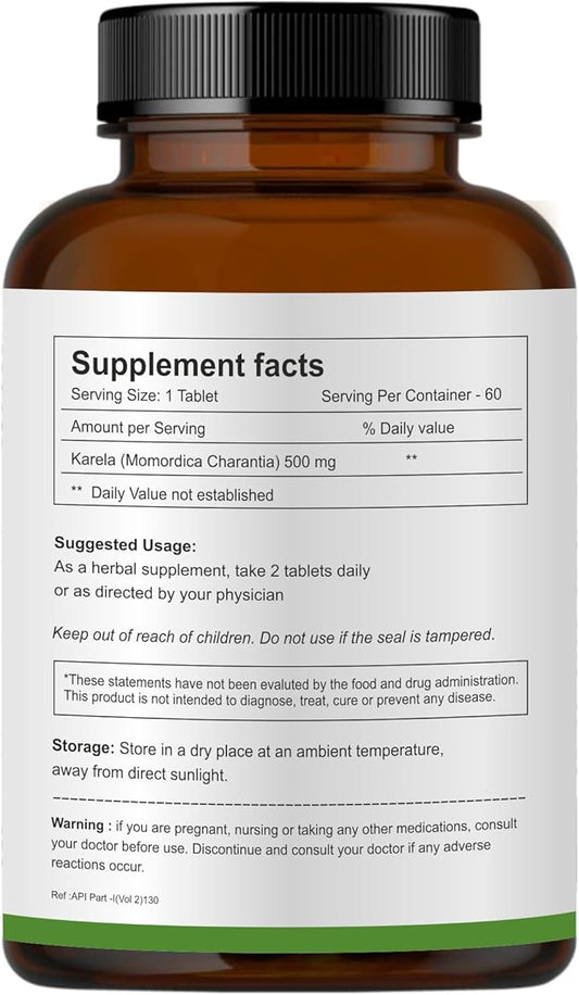 100% Natural Karela (Bitter Melon) Tablets 500mg- 60 Count, Natural Bitter Gourd Supplement, Non-GMO, Vegan, No Added Preservatives or Artificial Ingredients- 60 Count (Pack of 1)