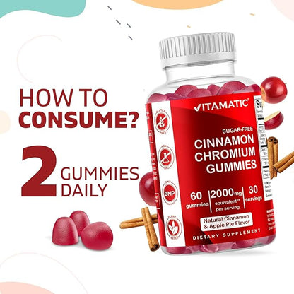 Vitamatic Sugar-Free Chromium Gummies with Ceylon Cinnamon – 2000 mg Equivalent Per Serving (from Extract 83 mg) – Non-GMO, Gluten-Free – 60 Vegan Gummies