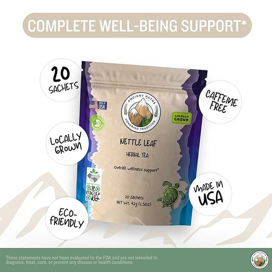 Ancient Paths Nettle Leaf Herbal Tea - Overall Wellness Support Nettle Tea - 100% Pure Dried Nettle Leaves - Energy Booster & Bone Support - Caffeine-Free Tea - USA Grown (20 Sachets)