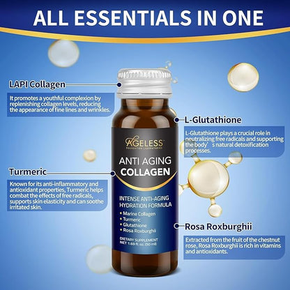 Ageless Ultra Anti Aging Liquid Collagen for Men & Women, Marine Collagen, Turmeric, Glutathione, and Rosa Roxburghii, Multi Vitamins, Skincare, Hydrating & Revitalizing Formula - 50 ml (10 Count)