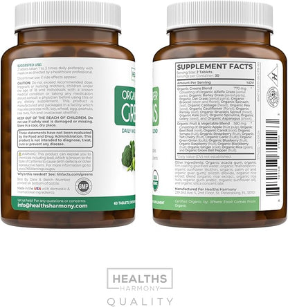 USDA Organic Super Greens Supplement - Organic Greens Fruits and Vegetable Supplement for Adults with 28 Superfood Complex with Superfruits Roots Herbs & More - Vegan & Non-GMO (Up to 1 Month Supply)