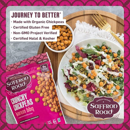 Saffron Road Roasted and Crunchy Bombay Spice, Korean BBQ, Sea Salt & Cracked Pepper Chickpeas | High Protein Snacks | Gluten-free, Vegetarian, Non-GMO, and Certified Halal and Kosher | Pack of 4