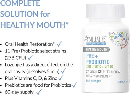 StellaLife Probiotics Oral PRE+PROBIOTICS LOZENGES: 27B CFU, 11 Strains, Dental Probiotics for Healthy Teeth/Gums, Bad Breath, VIT C & D, Zinc, Strawberry Flavor (60-Day Supply)