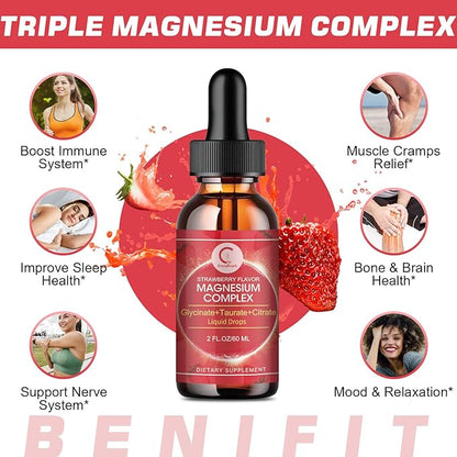 Triple Magnesium Complex Liquid Drops - Magnesium Glycinate Liquid Drops, Taurate & Citrate with L-theanine, Vitamin B6 for Sleep, Muscle, Immune Health, Vegan, Non-GMO, Strawberry Flavor, 2 Fl OZ