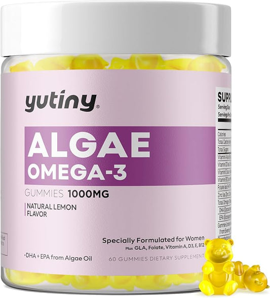 Vegan Omega 3 Gummies for Women, Algae Omega 3 1000mg Supplement with DHA, EPA, GLA, Vitamin A, E, B12, Folate, Skin & Brain Health, Sugar Free, 60 Count