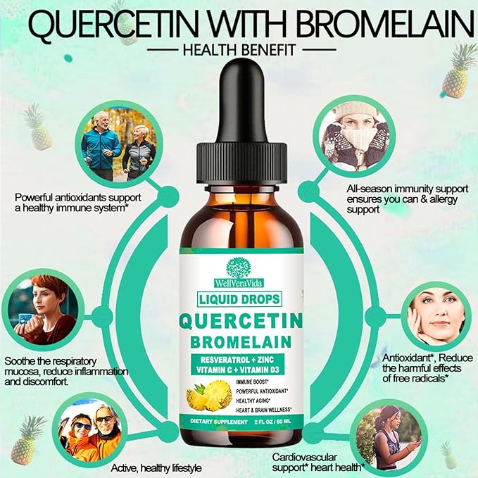 2 Pack Quercetin with Bromelain Liquid Drops, 4X Stronger Than Capsules & Pills, 7-in-1 Organic Zinc Quercetin 1000mg with Bromelain 500mg Vitamin C D3 for Immune Respiratory Health & Antioxidant