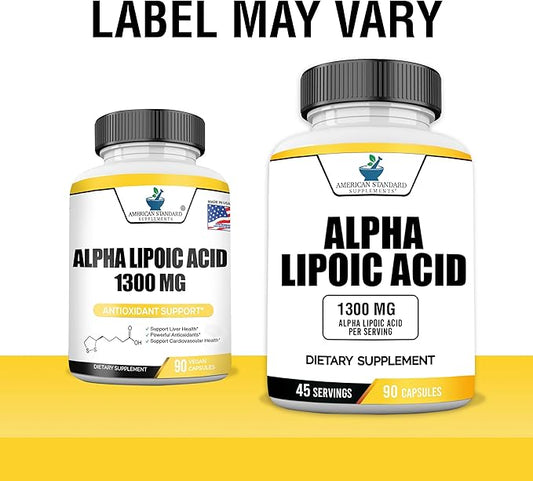 American Standard Supplements Alpha Lipoic Acid 1300mg Per Serving - Vegan, Gluten Free, Non-GMO, 90 Capsules, 45 Servings