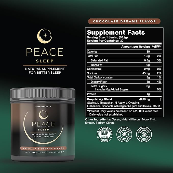 Peace Sleep - Sleep and Recovery Chocolate Powder Drink Mix - Sleep Aid Supplement with GABA, L-Tryptophan, L-Theanine, Glycine - for Tranquil Sleep, Restful Nights, Productive Days - Gluten Free