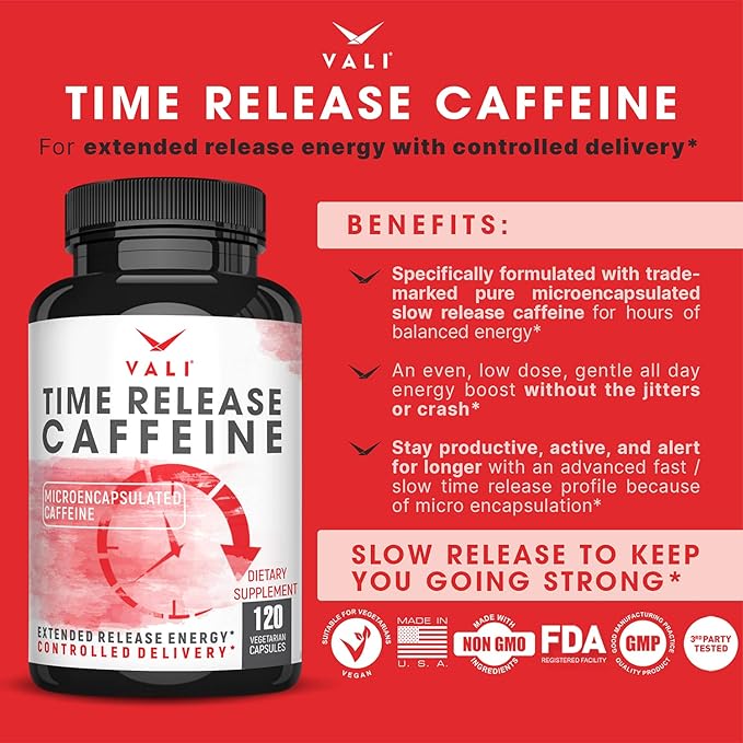 VALI Time Release Caffeine 100mg Capsules- Smart Slow Release for Extended Energy & Focus. Advanced Nootropic Supplement. Brain Booster Active Performance, Alertness & Clarity. 120 Veggie Capsules