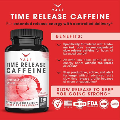 VALI Time Release Caffeine 100mg Capsules- Smart Slow Release for Extended Energy & Focus. Advanced Nootropic Supplement. Brain Booster Active Performance, Alertness & Clarity. 120 Veggie Capsules