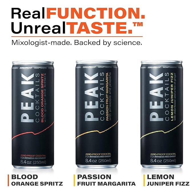 Peak Cocktails Non-Alcoholic Cocktail | Adaptogens, Nootropics, Superfoods for Recovery, Calm, Sleep | Ashwagandha, Tart Cherry, L-Theanine | Mixologist-crafted | 8.4 oz, 24-Pack Variety Pack