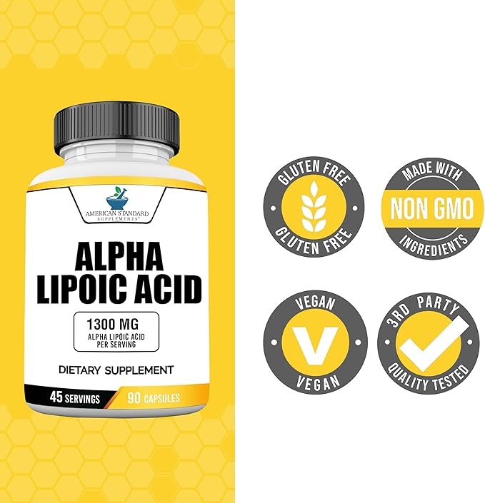 American Standard Supplements Alpha Lipoic Acid 1300mg Per Serving - Vegan, Gluten Free, Non-GMO, 90 Capsules, 45 Servings