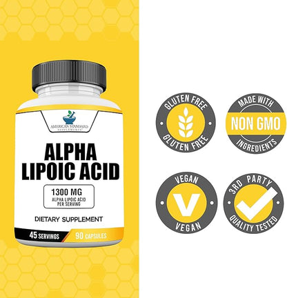 American Standard Supplements Alpha Lipoic Acid 1300mg Per Serving - Vegan, Gluten Free, Non-GMO, 90 Capsules, 45 Servings