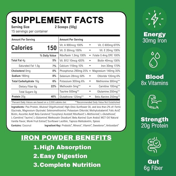 Smart Eats - Iron Powder | Highly Absorbed | Avoids Side Effects | Complete Nutrition: Protein, Vitamins, Fiber, Antioxidants | Makes Tasty Drinks & Shakes | Vegan | Vanilla Flavor | 30 Scoops