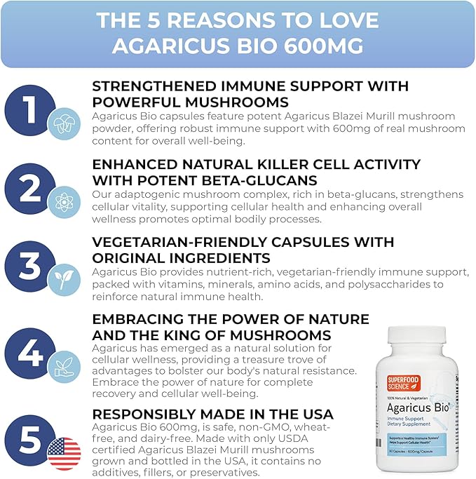 Agaricus Bio 600 mg, Natural Killer Cell Activity -USA-Grown Organic Agaricus Blazei Murill Mushroom for Immune Support, Liver & Cellular Health, High Beta Glucan Supplements, 60 Caps